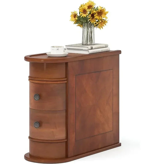 Wood End Table with 2 Drawers Sofa Side Table, No Assembly Required Vintage Slim Nightstand Bedside Table for Bedroom