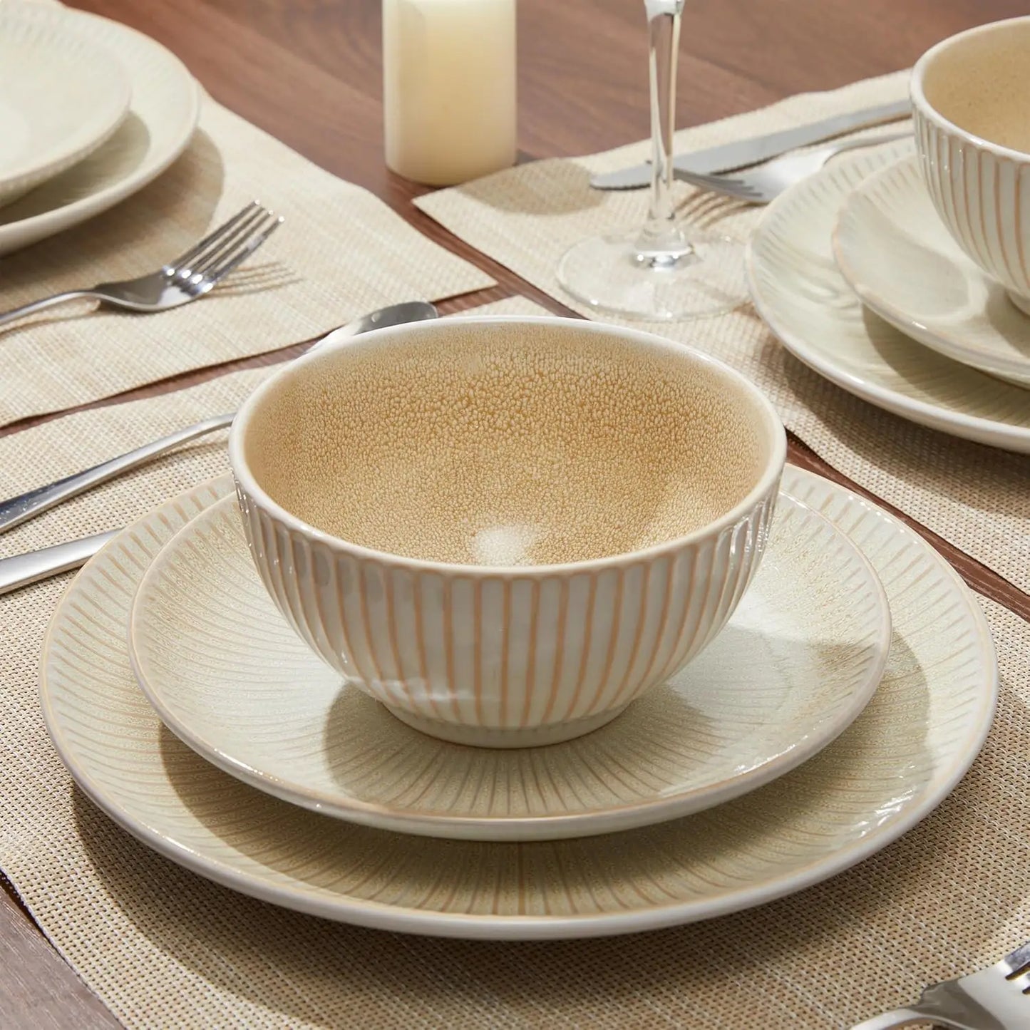 Ceramic Dinnerware Sets for 4, 12 Pieces Embossed Stoneware Plates and Bowls Sets, Scratch Resistant Dish Sets, Distinctive Gran