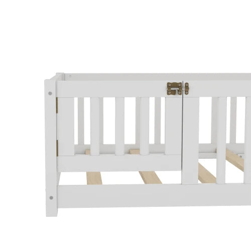 Full Size Bed Floor Bed with Safety Guardrails and Door for Kids, Gray/White/Natural ﻿