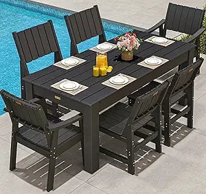 Outdoor Dining Set for 6,HDPE Rectangle Table and Chair, Weather-Resistant, Patio Furniture Sets with Umbrella Hole for Backyar
