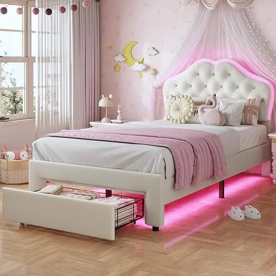 Full Size Girl Bed with 2 Storage Drawers & LED Lights, Upholstered Platform Bed, Adjustable Headboard with Velvet Crystal Butto