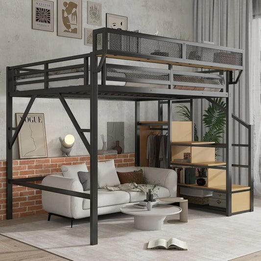 Queen Loft Bed with Stairs, Metal Loft Beds Queen Size with Storage Shelves, Adults Loft Bed with Wardrobe