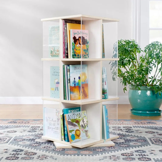 EdQ Rotating Book Display - White: Spinning Plywood Storage Bookshelf with Acrylic Windows for Kids Classroom, Playroom, or Bed
