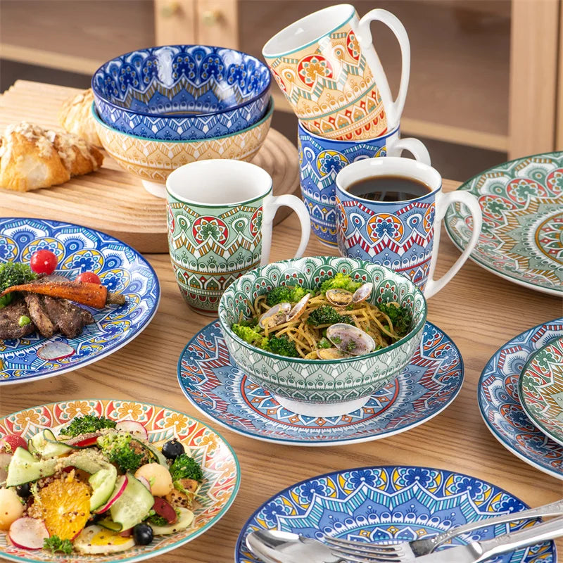 16Pcs Ceremic Plate Porcelain Dinnerware Set Bohemian Mandala Patterned with Dinner Plate,Dessert Plate,Bowl,Mug Tableware Set