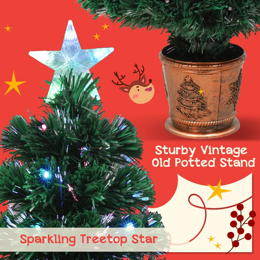 Pre-lit Fiber Christmas 4-Piece Set: Garland, Wreath, 2 Entrance Trees, Color Lights. PVC. Festival Set.