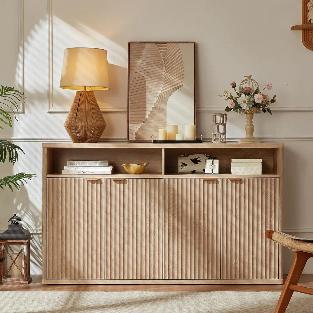 55" Wide Luted Buffet Cabinet with 4 Doors & Open Shelf | Modern Wood Sideboard for Dining/Kitchen Entryway