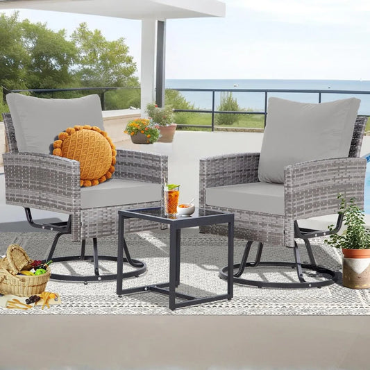 3 Pieces Swivel Patio Furniture Set,Outdoor Wicker Bistro Set with Glass Coffee Table and Thick Cushions for Garden, Balcony