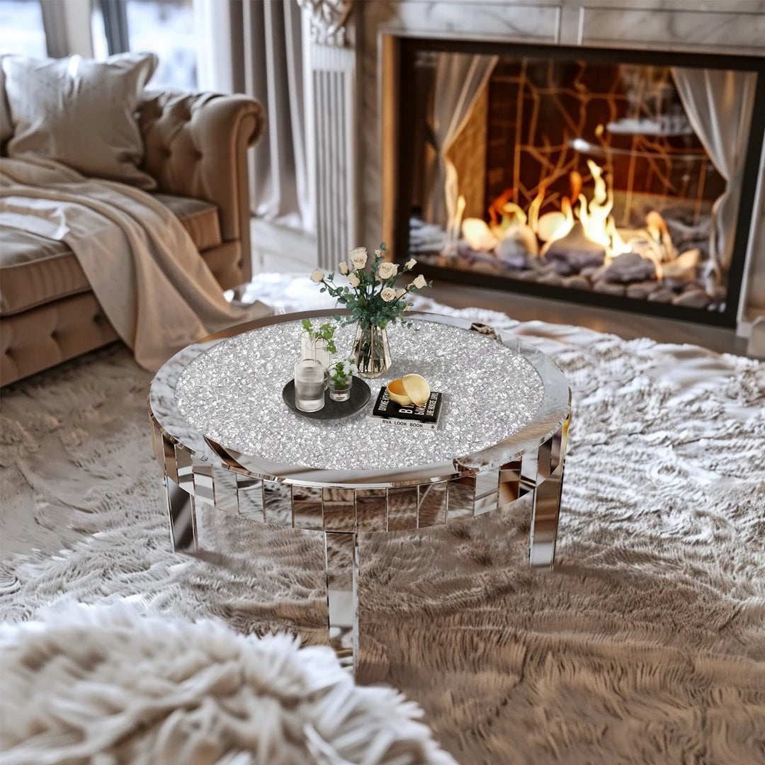 Luxury Round Mirror Coffee Table Crystal Diamonds Inlay