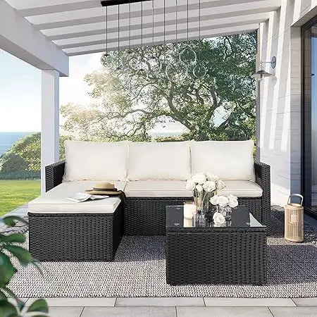 Small Outdoor Sofa Patio Furniture Set with Detachable Cushions, 3 PCS Patio Sectional Sofa with Coffee Table & 5 Position Adju