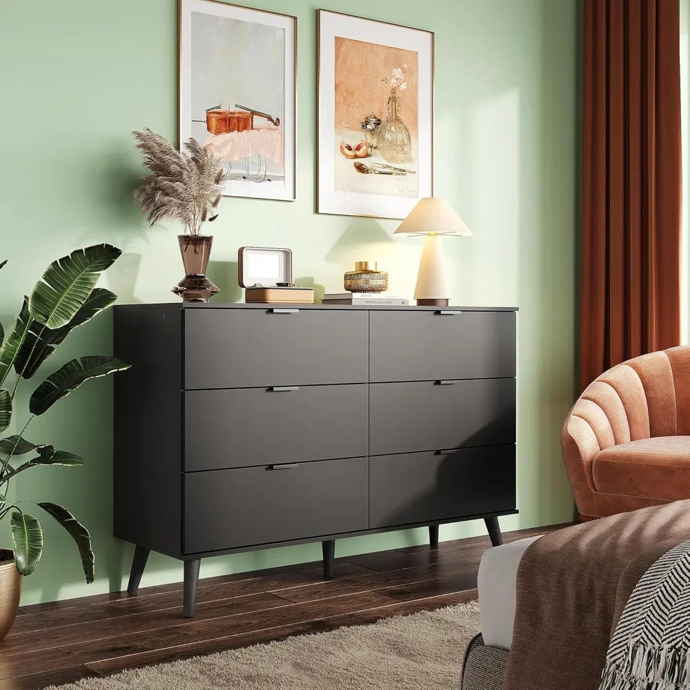 Black Dresser for Bedroom, 47.24'' Wide 6 Drawer Wood Dresser Storage Organizer with Sturdy Metal Handle, TV Stand for 55 inch