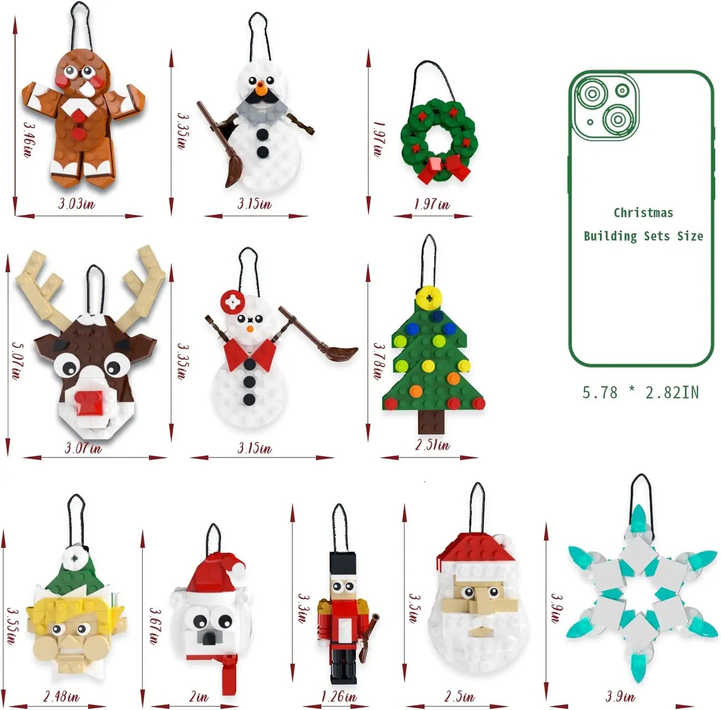 Christmas Ornaments Building Kit, Christmas Tree, Wreath, Santa, Snowman, Gingerbread, Reindeer, Nutcrackers, Snowflake 11-in-1