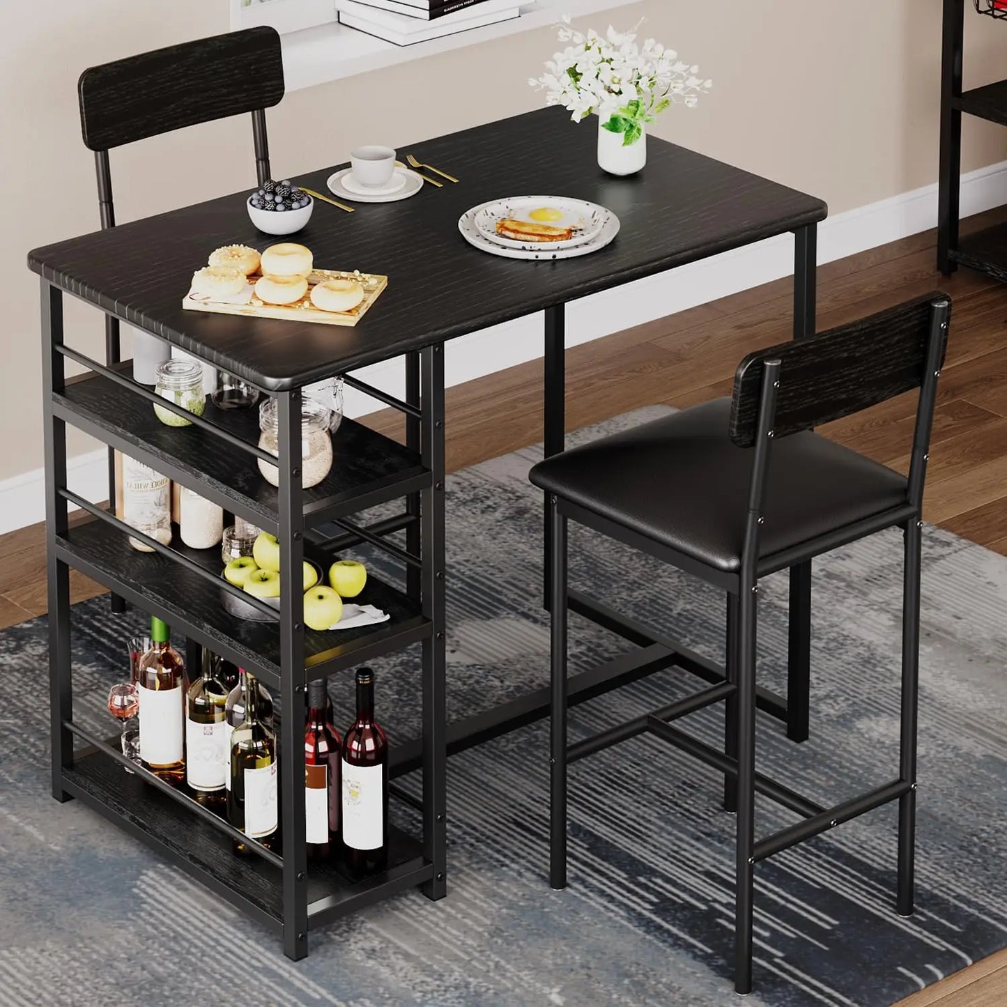 3-Piece Bar Table and Chairs Set with 3 Tier Storage Shelves, Dining Table Set for 2 with PU Cushion Bar Chairs & & MDF Board To