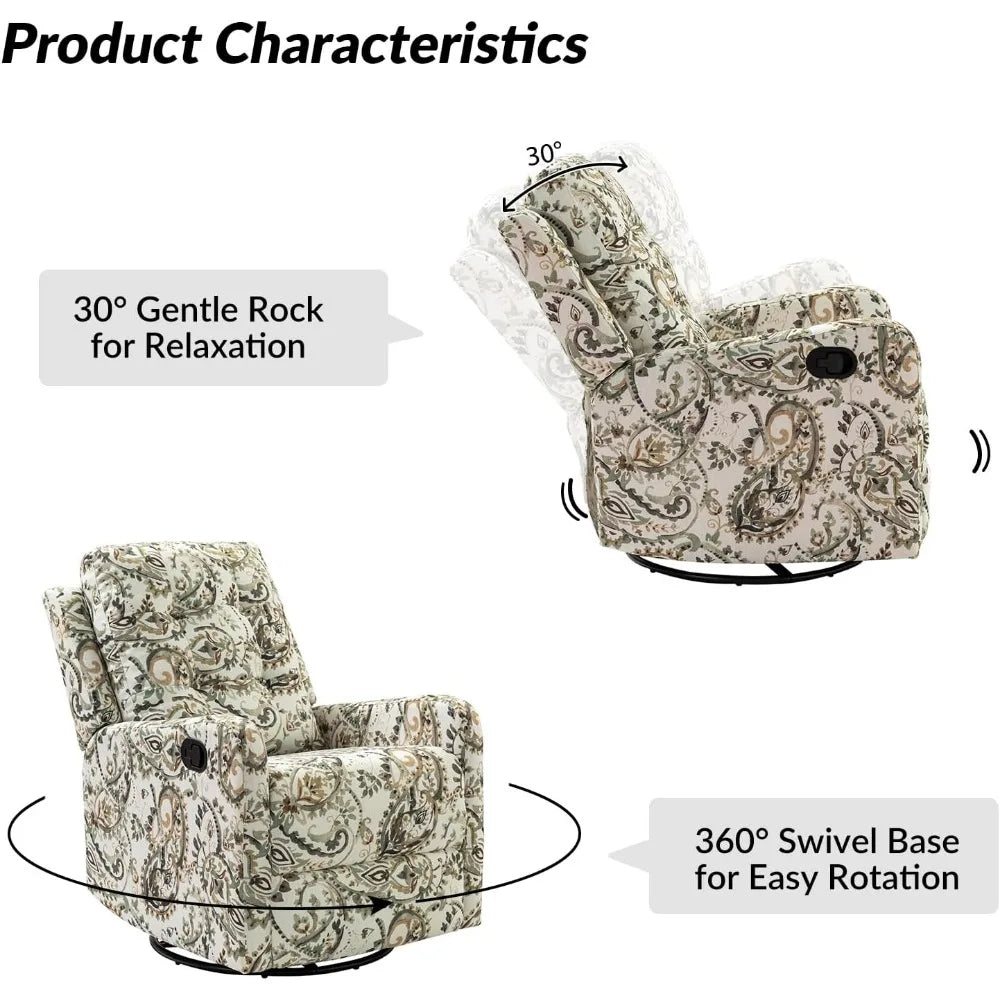 Recliner Chair Modern Printed Fabric for Living Room, Wingback Rocker Recliner Sofa Comfy Armchair 360 Degree Swivel, Nursery R