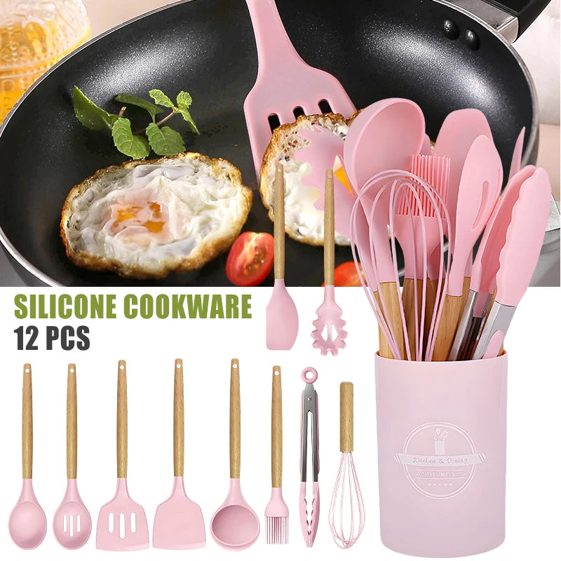 12pcs Silicone Kitchenware Cooking Utensils Set Non Stick Cookware Spatula Shovel Egg Beaters Baking Set with Storage Bucket