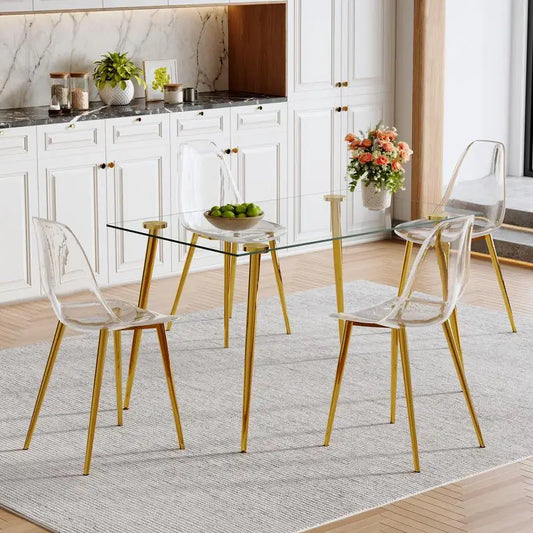 Modern Luxurious Rectangular Glass Dining Table Set with 4 Clear Plastic Chairs and Gold Metal Legs for Comfortable Home