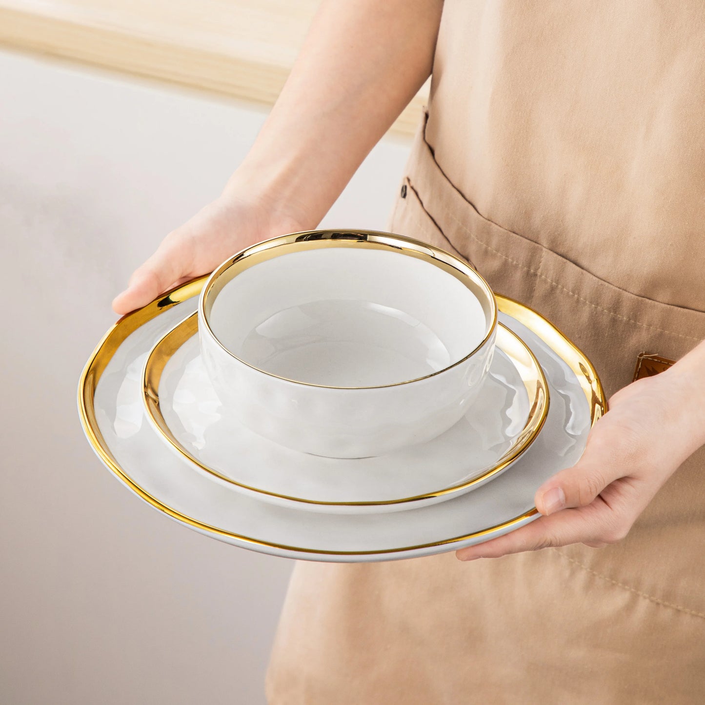 Lovecasa 12 or 24 Ceramic Dinnerware Set White Gold Rim