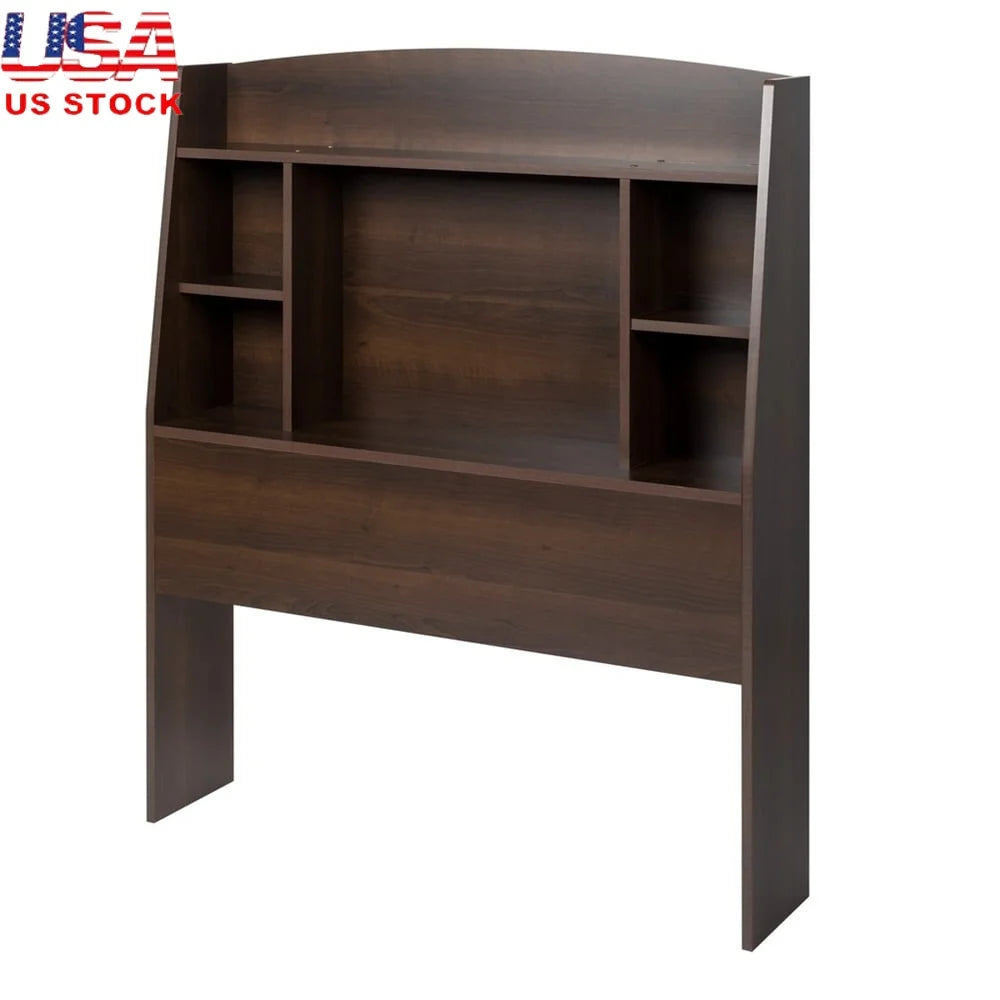 Twin Bookcase Headboard Espresso Solid Wood Storage Compartments Space Saving Bedroom Furniture Assembly Required