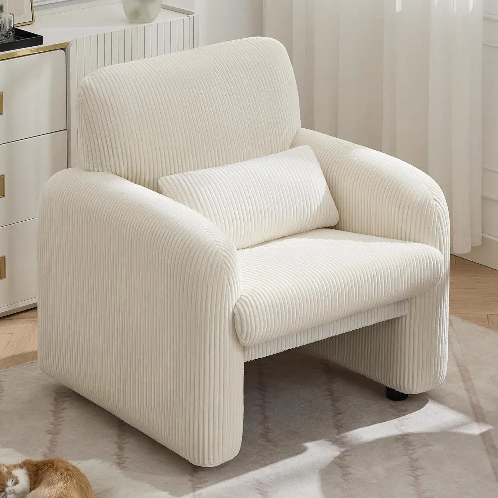 Corduroy Fabric Accent Chair, Modern Upholstered Living Room Chairs with Lumbar Pillow, Wide Comfy Leisure Armchair for Bedroom,