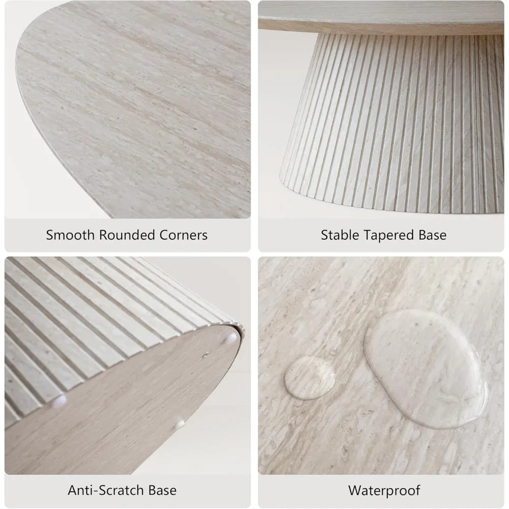 Oval Coffee Table, Modern Faux Stone Coffee Table with Fluted Design, Travertine Tea Table with Tapered Base, Minimalist