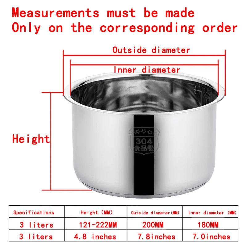 3 Liters 121 Electric Pressure Cooker Liner Stainless Steel 304 Food Grade Multi-Bowl Soup Porridge Pot Bile Cooker Accessories