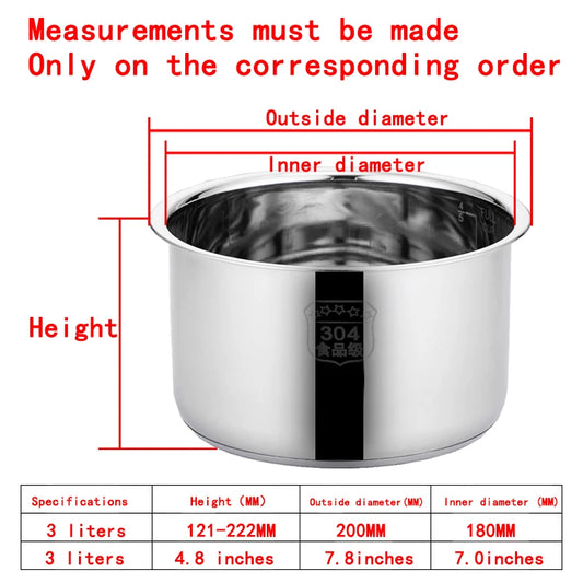 3 Liters 121 Electric Pressure Cooker Liner Stainless Steel 304 Food Grade Multi-Bowl Soup Porridge Pot Bile Cooker Accessories