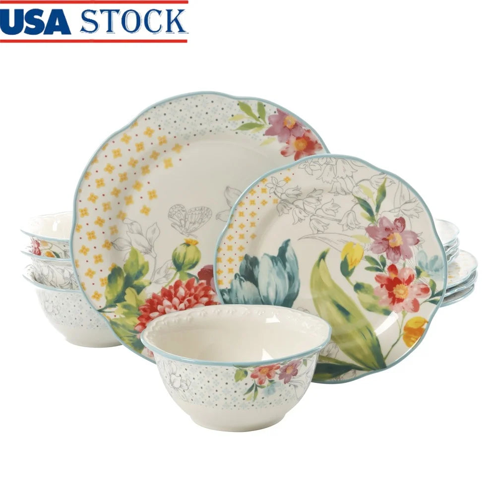Blooming Bouquet 12-Piece Dinnerware Set Stoneware Plates Bowls Dishwasher Safe Floral Pattern Everyday Dining Table Setting