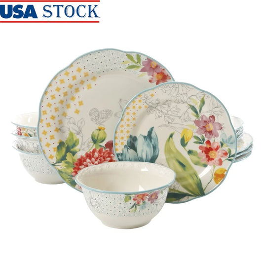 Blooming Bouquet 12-Piece Dinnerware Set Stoneware Plates Bowls Dishwasher Safe Floral Pattern Everyday Dining Table Setting