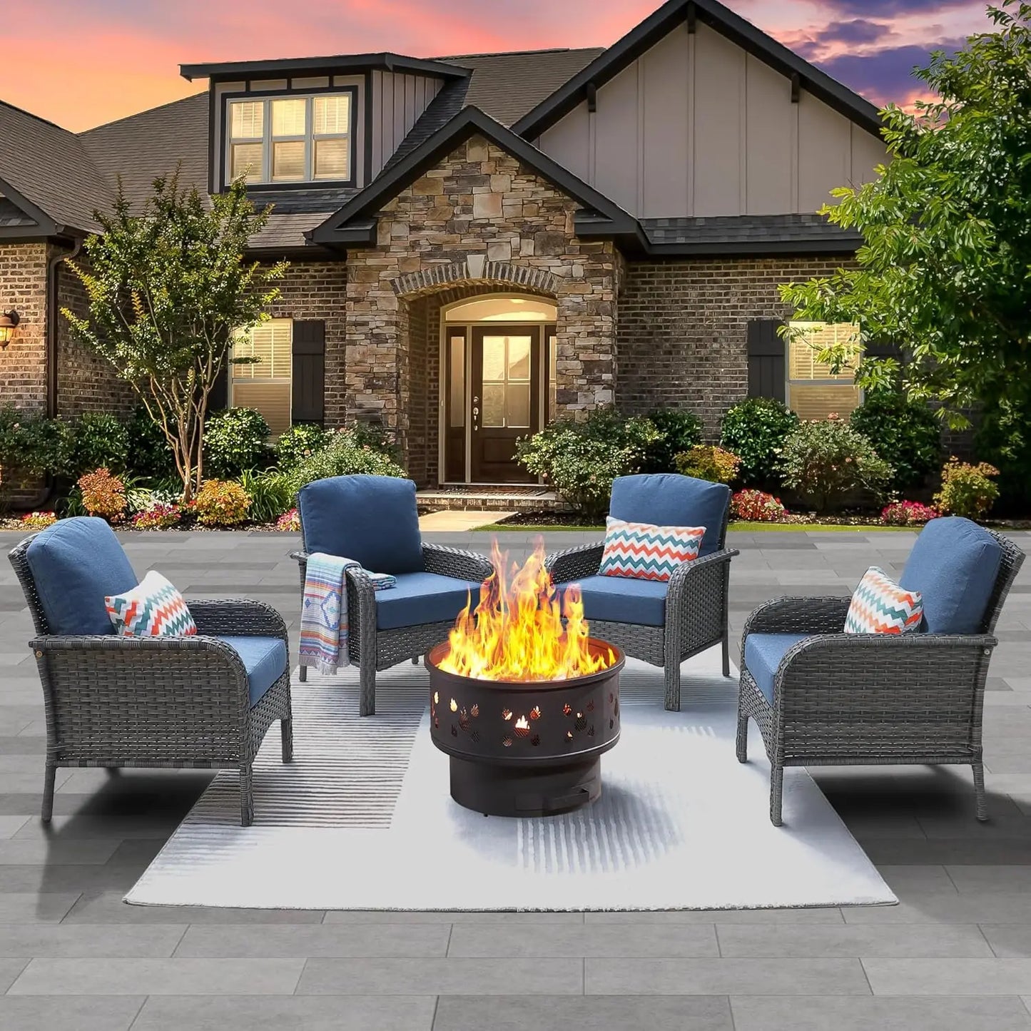 4 Pieces Patio Furniture Set with 30" Fire Pit Table, Outdoor Wicker Chairs of 4, All Weather High Back Rattan Chairs 4-Seater w