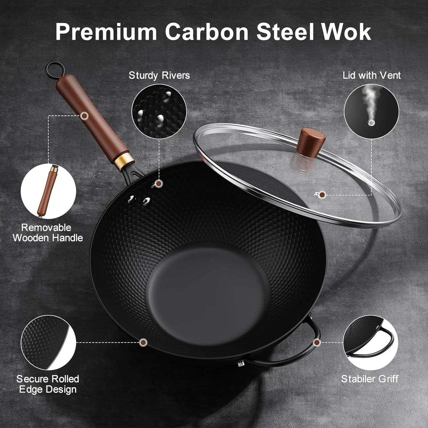 13-Inch Carbon Steel Wok Pan with Glass Cover, Nonstick for All Stoves Including Induction
