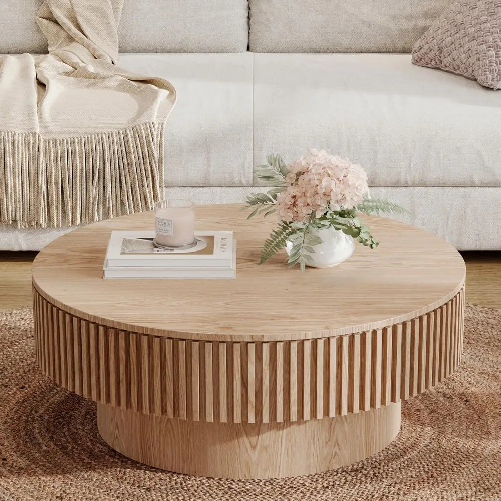 Modern Circular Coffee Table with Storage, Luxury Drum Style Center Table, Solid Wood Veneer Accent Side Table