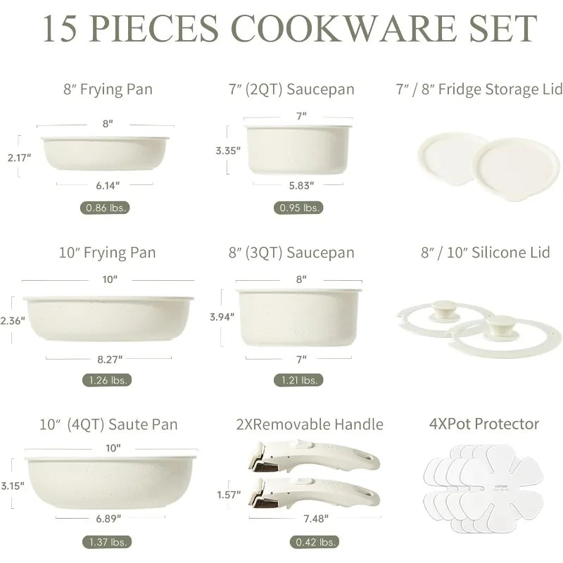 CAROTE Pots and Pans Set Non Stick, 15pcs Cookware Sets, Kitchen Set, Oven/Dishwasher/Fridge Safe, Space Saving Pots Set