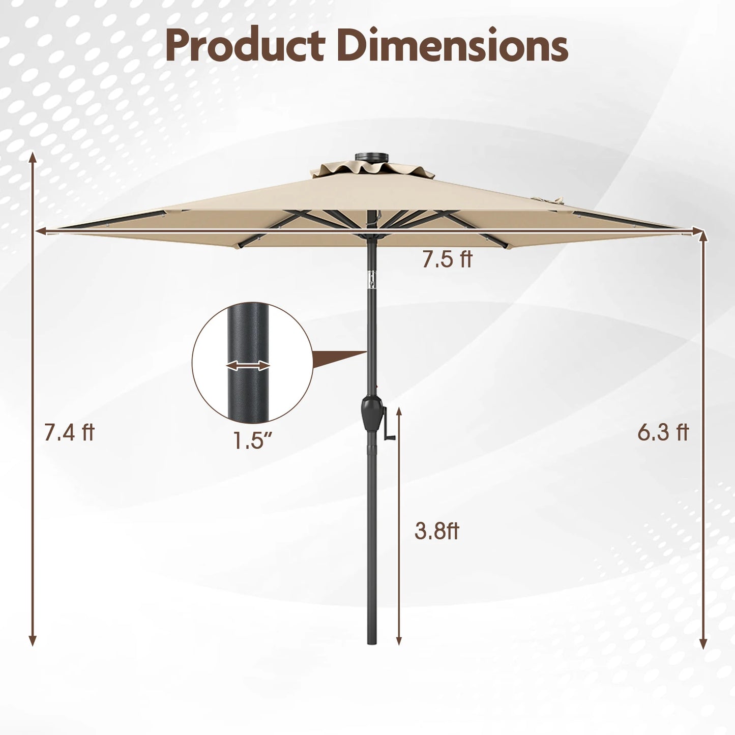 7. 5 ft Solar Powered Patio Umbrella w/ LED Lights Push Button Tilt Crank Handle