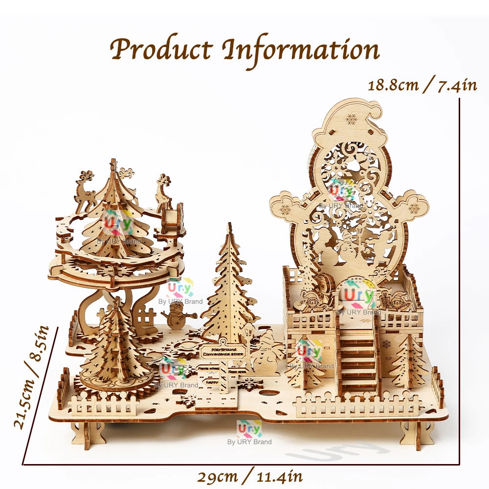 Ury 3D Wooden Puzzle Christmas Deer Carriage Music Box Light