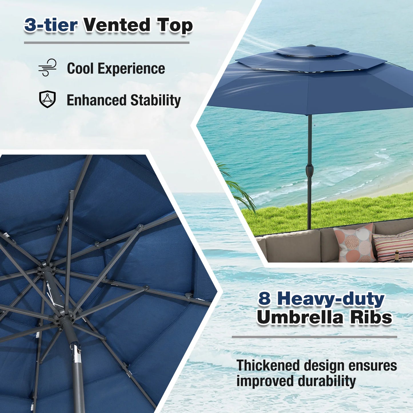 10 ft 3-tier Vented Patio Umbrella Large Market Table Umbrella Outdoor Sun Shade