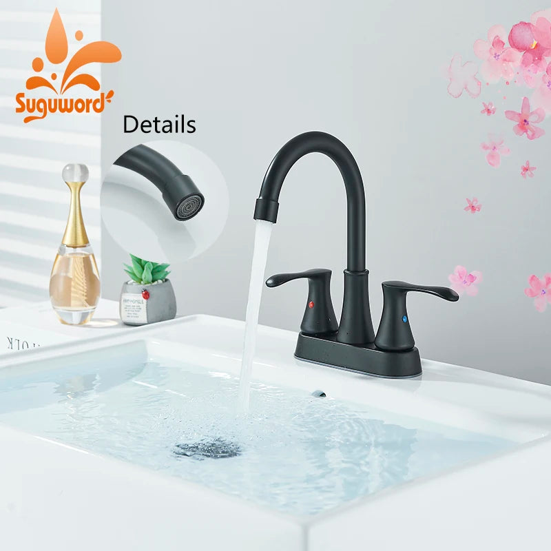 Black Bathroom Sink Faucet 3 Hole 4 Inch Center Set Vanity Faucet 2 Handle Bathroom Faucet with Hot and Cold Water