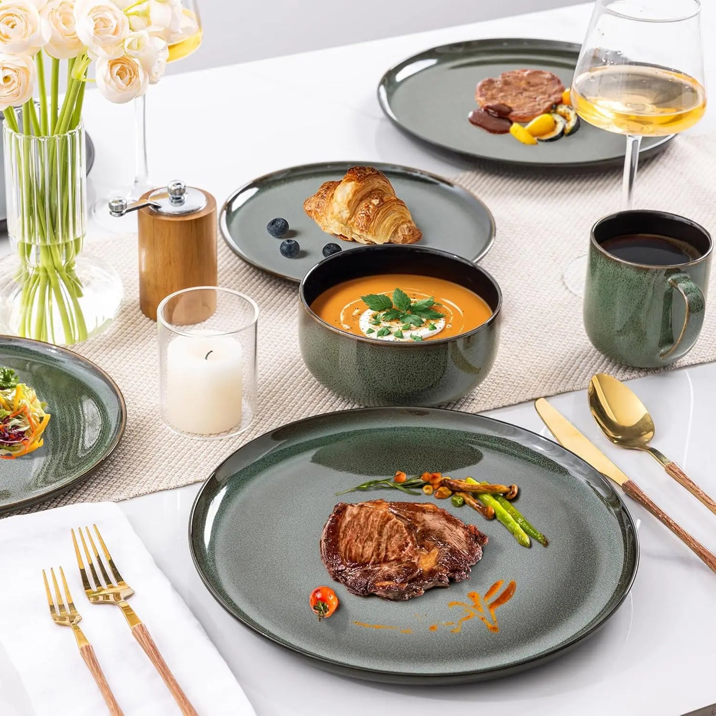Ceramic Dinnerware Sets for 4,16-PieceReactive Glaze Plates and Bowls Set with Mugs,Highly Chip and Crack Resistant | Dishwasher