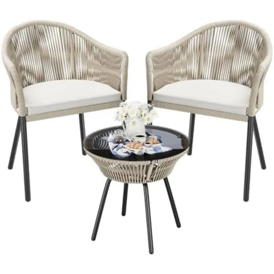 3 Piece Patio Set Outdoor Wicker Patio Chairs with Coffee Table & Cushions Bistro Conversation Set Porch Furniture