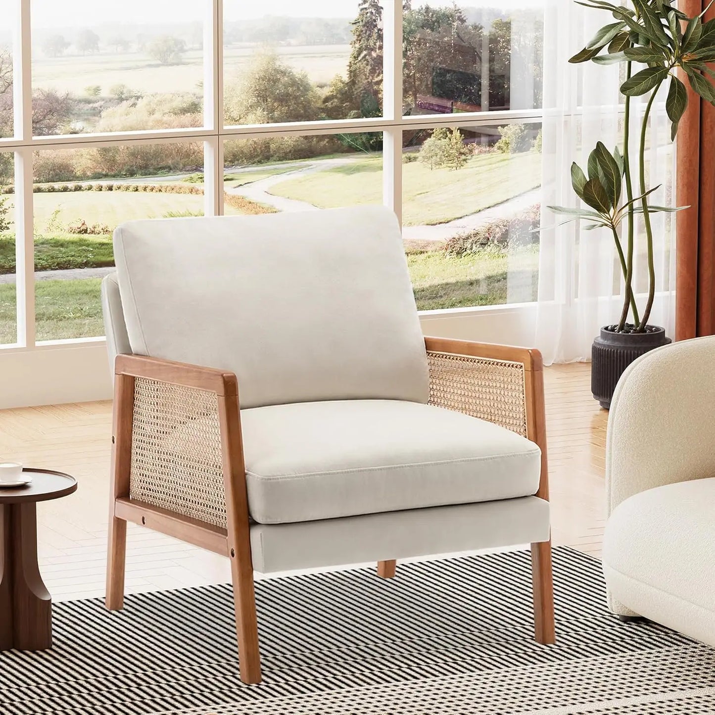 Brown Accent Chair Set of 2 Upholstered Living Room Chairs Natural Rattan Armchair, Modern Faux Leather Slipper