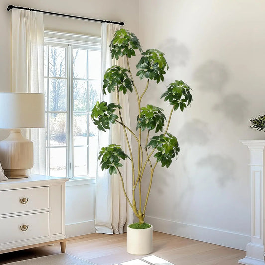 5/6/7ft Tall Fake Umbrella Schefflera Tree in White Pot ,Artificial Umbrella Tree Fake Plants for Home Garden Office Decor