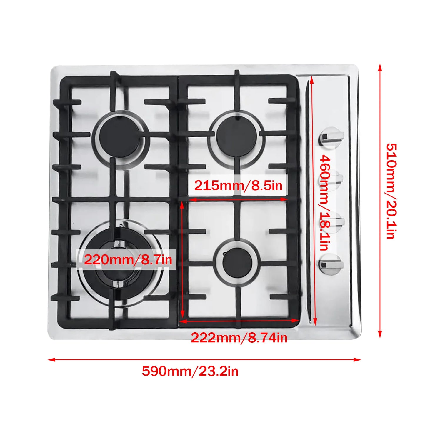 Gas Cooktops 4 Burner Gas Stove Top Drop-In Ng/Lpg Convertible 24 Inch Stainless Steel Gas Cooker with Thermocouple Protection