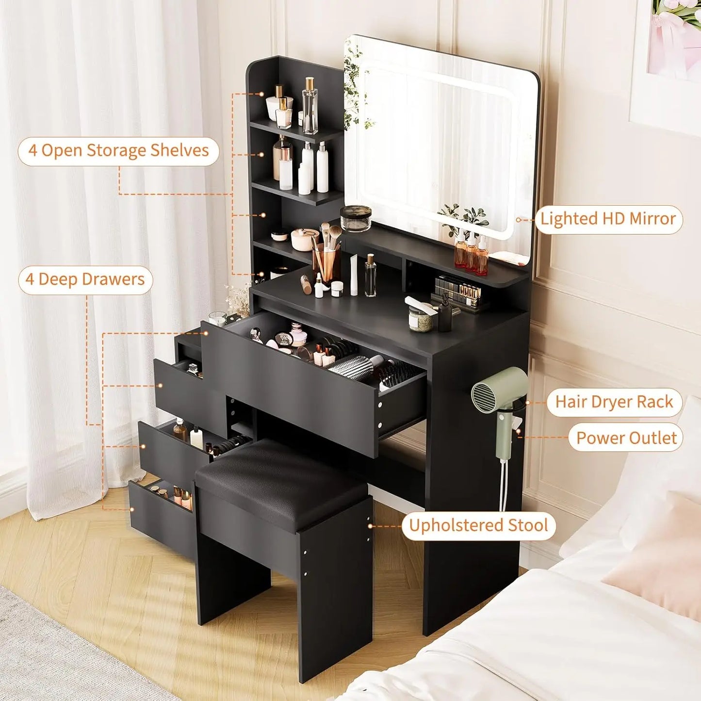 Vanity Desk with Mirror and Lights, Makeup Vanity with Adjustable Lights, Power Outlet & Storage Dressing Table with Mirror