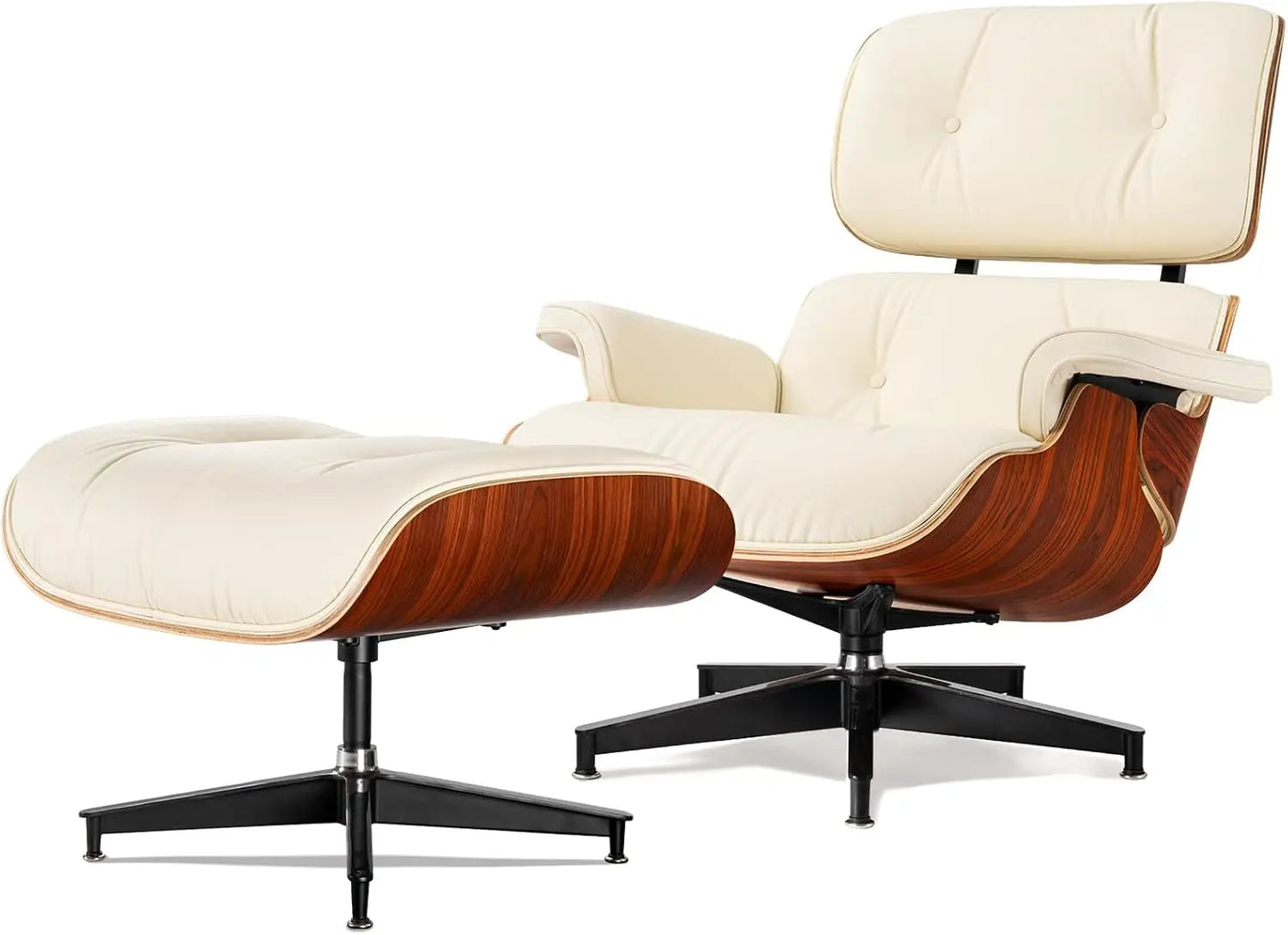 Chaise Lounge Chair with Ottoman Genuine Leather High-Resilience Foam Cushions Mid Century Modern Ergonomic Design