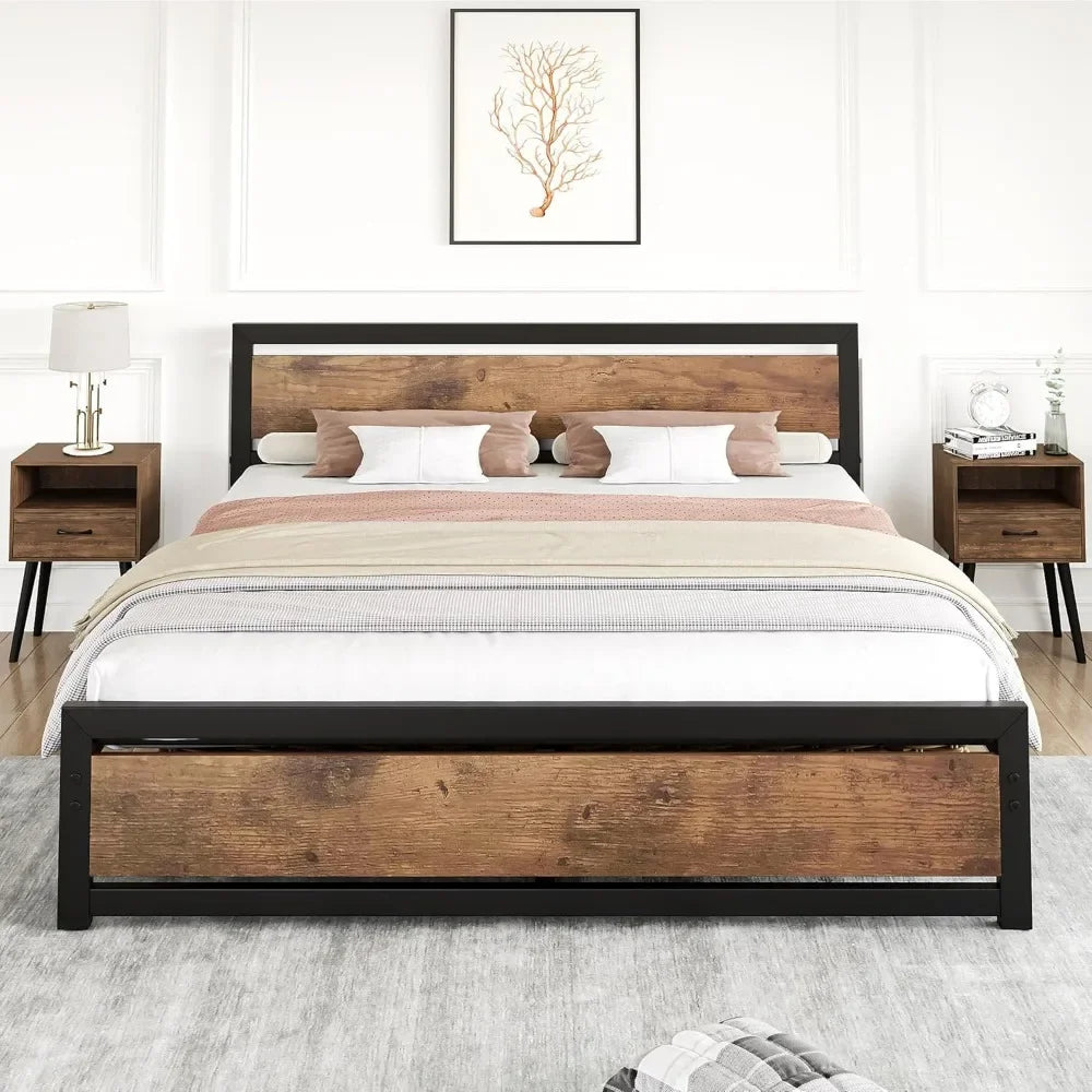 Bed Frame with Wooden Headboard and Footboard, Metal Full Bed Platform No Box Spring Needed, 14 inch Easy to Assemble Noise