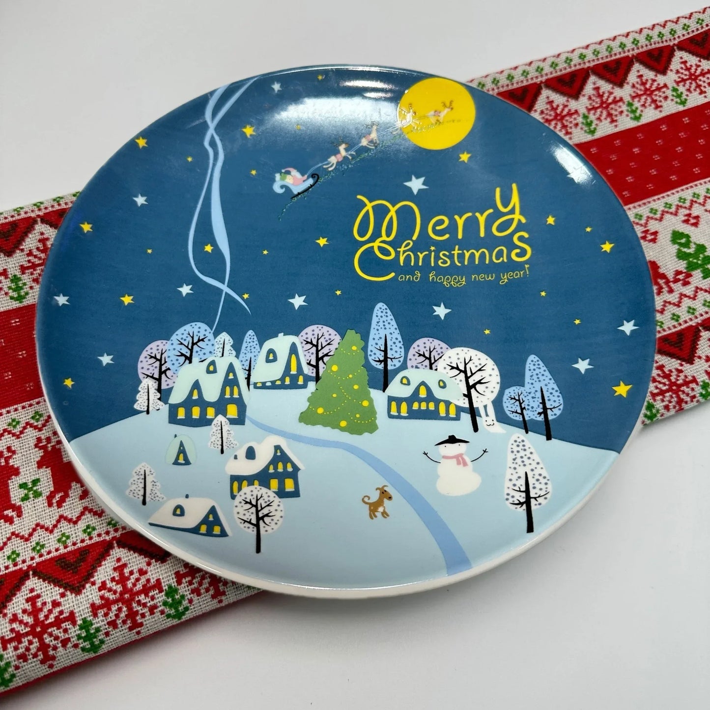 D20cm Christmas Ceramic Plates Christmas Element Table Decoration Dish Retro Village Atmosphere Dining Plate For Festival Decor