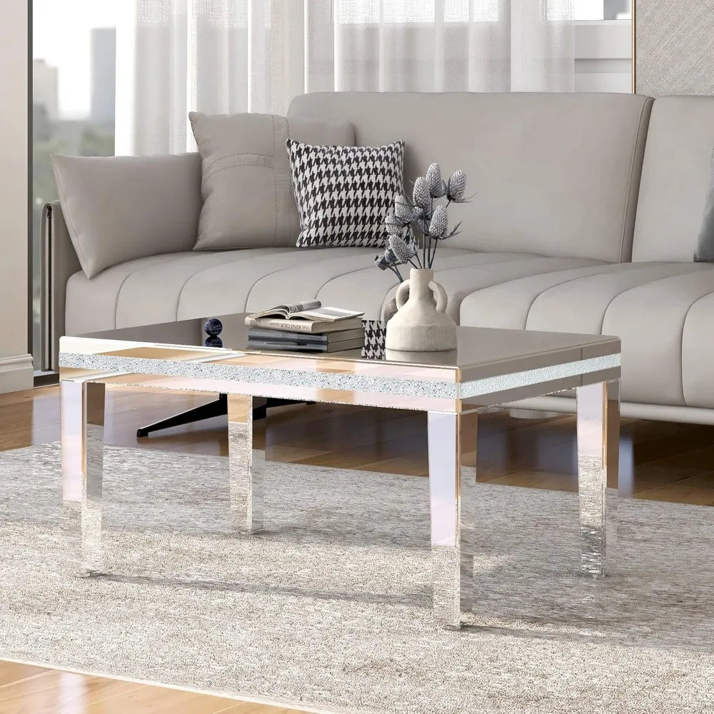 Luxury Silver Mirrored Coffee Table with Crystal Accents