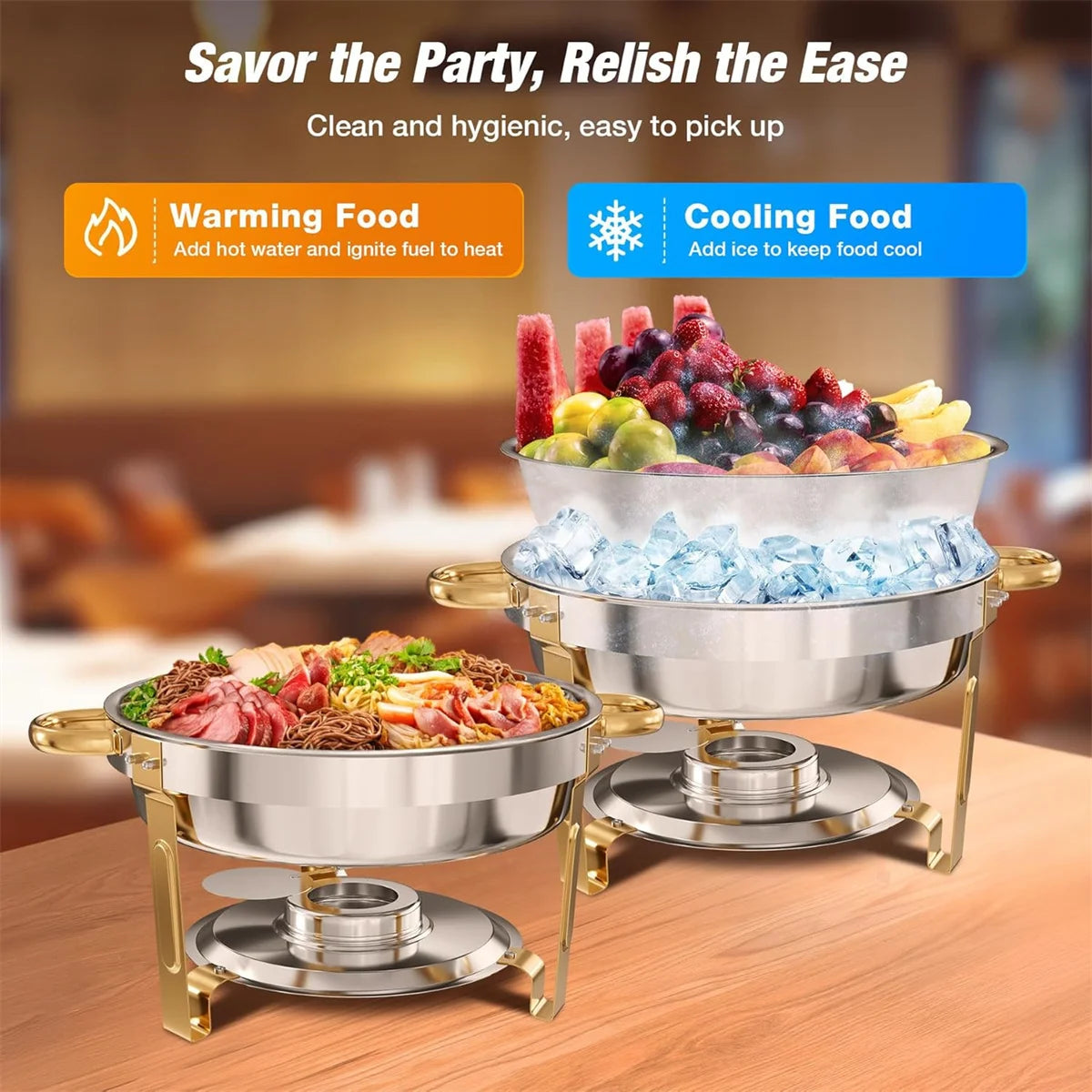 5QT 2/4 Pack Gold Round Chafing Dish Food Warmer Set with Stainless Steel Lid Fuel Can Home Party Hotel Buffet Gas Fuel Food Pan