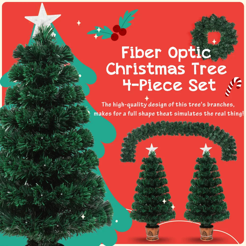Pre-lit Fiber Christmas 4-Piece Set: Garland, Wreath, 2 Entrance Trees, Color Lights. PVC. Festival Set.