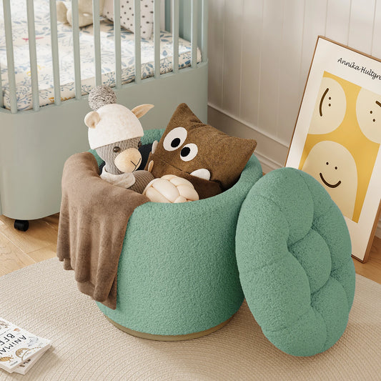 Matcha Green Lambswool Round Storage Ottoman,Upholstered Vanity Stool,Multi Footrest&Table Alternative, For Living Room&Bedroom