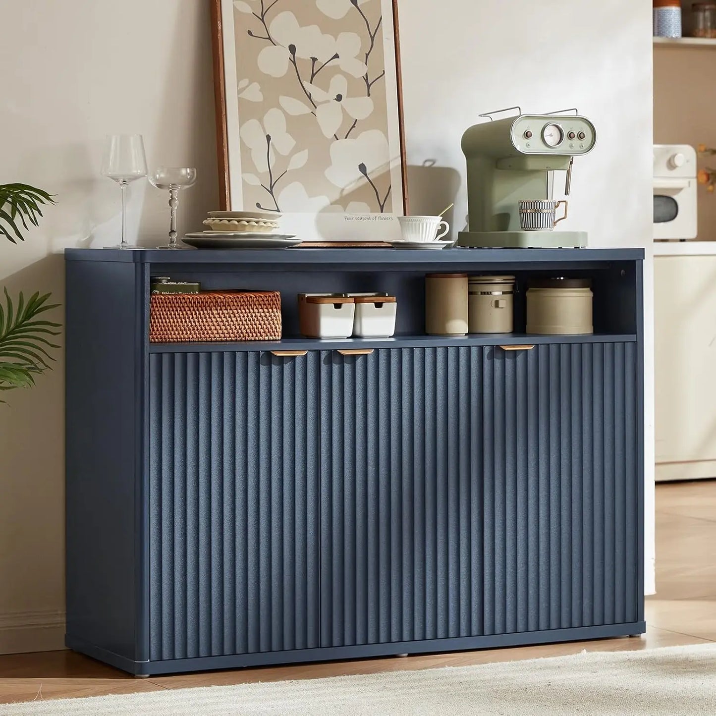 55" Wide Luted Buffet Cabinet with 4 Doors & Open Shelf | Modern Wood Sideboard for Dining/Kitchen Entryway