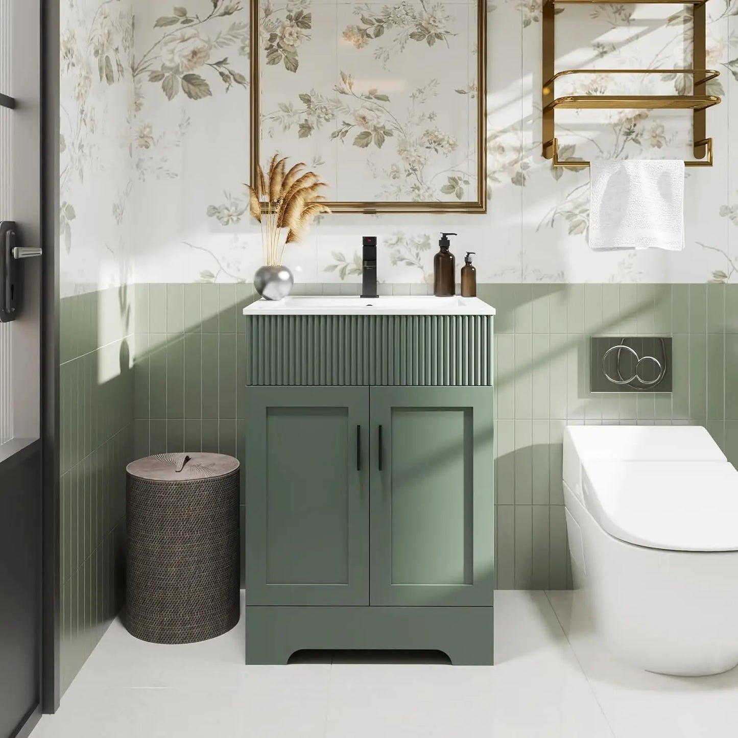 60" Bathroom Vanities Sink Combo with Painted Surface, Modern Drawered Cabinet W/Decorative Wave Lines, Undermount Double Sink